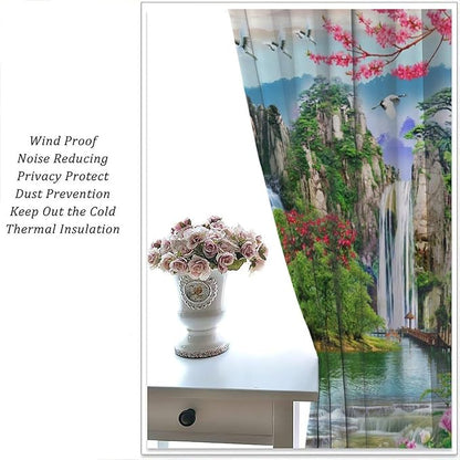Waterfall Blackout Curtains, Forest Waterfall Rocky Lotus Fish Landscapes Print Window Drapes, for Living Room Bedroom 42" W X 63" L
