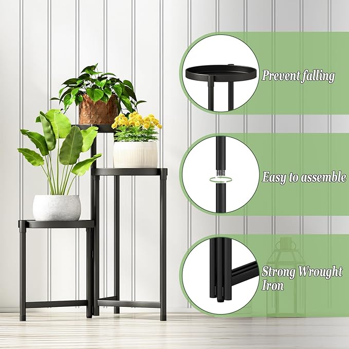 Plant Stand indoor outdoor - 3 Tier black Tall Metal Flower Pot Holder Potted Display Rack - Heavy Duty Corner Plant Shelf for Patio Garden Balcony Living Room Bedroom