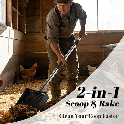 Large Metal Chicken Poop Scooper – Heavy Duty Coop Scoop with Serrated Edge, Adjustable Stainless Steel Handle 35'' to 66'', Rake & Sifting Shovel for Chicken Coops