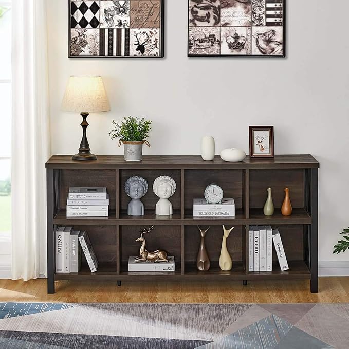 FATORRI 8 Cube Storage Organizer Bookshelf, Rustic Wood Cubby Bookcase, Industrial Horizontal Long Shelf for Living Room (Walnut Brown, 62 Inch)