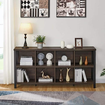 FATORRI 8 Cube Storage Organizer Bookshelf, Rustic Wood Cubby Bookcase, Industrial Horizontal Long Shelf for Living Room (Walnut Brown, 62 Inch)