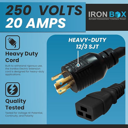 IronBox Electric NEMA L6-30P to C19 Power Cord - 20Amp, 250V, 12/3 SJT - UL Listed Heavy Duty Power Extension Cable for Generator, Data Centers, Outdoor Use, High-Powered Applications & More (15 ft)