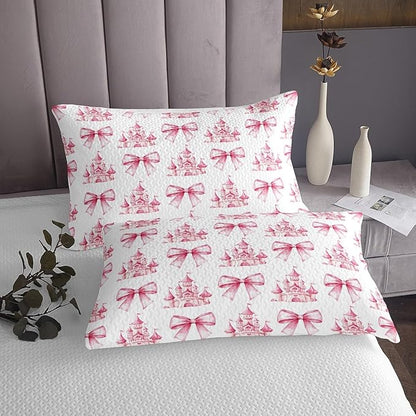 Pink Bowknot Kids Bedspread Queen Size,Castle Tale Princess Toddler Coverlet Set,Girls Women Room Decor,Bow Tie Butterfly Knot Girlish Quilted Coverlet,Romantic Fashion Bedding Quilt,2 Pillowcases