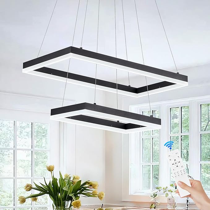 2 Rings Modern LED Chandelier Black 23.6inch Rectangle Dimmable LED Pendant