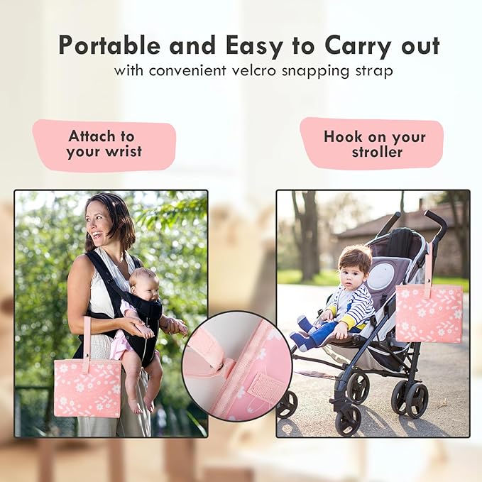 Portable Diaper Changing Pad for Baby - Waterproof Compact Changing Mat with Wrist Strap - Wipeable Travel Changing Pad for Diaper Bag - Gifts for Baby Shower by PHOEBUS BABY(Pink Flowers)