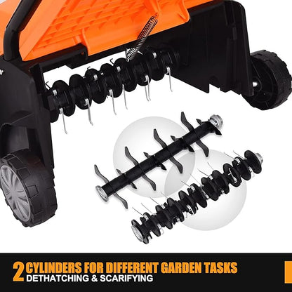ARNOT Lawn Dethatcher & Scarifier, 2-in-1 Electric Corded Lawn Dethatcher, 13-Inch 12Amp Lawn Scarifier, 3-Position Raking Depth, w/40L Collection Bag & 2 Removable Blades, Orange