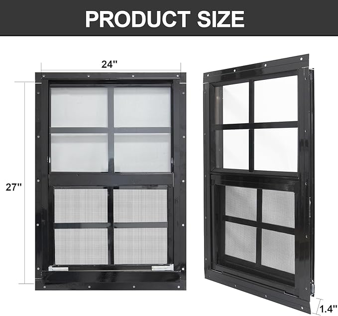 Yuzzy 24" x 27" Shed Windows with Tempered Glass and Fiberglass Screen, 2 Pack Small Sliding Windows for Shed, Chicken Coop, Playhouse, Household, Garage, Barns (Black)