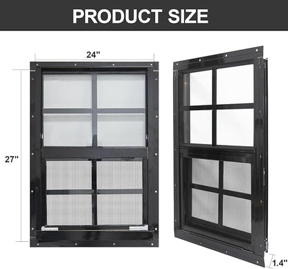 Yuzzy 24" x 27" Shed Windows with Tempered Glass and Fiberglass Screen, 2 Pack Small Sliding Windows for Shed, Chicken Coop, Playhouse, Household, Garage, Barns (Black)