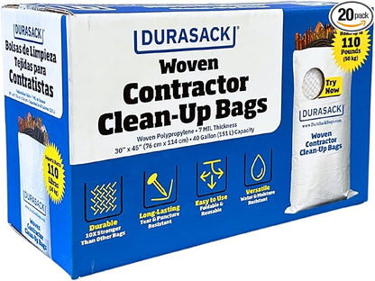DURASACK Contractor Bags Heavy Duty 40-Gallon Reusable White Woven Polypropylene Contractor Garbage Bags, Pack of 20