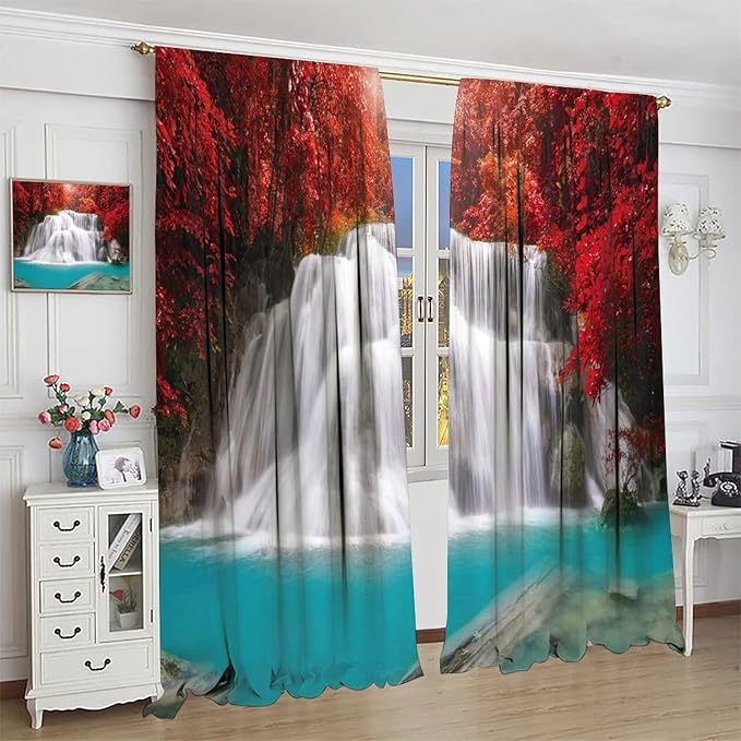 Red Forest Waterfall Blackout Windows Curtains, Tree Landscape Woodland Scenic Nature Fall Scenery Art Printed Curtains, for Living Room Bedroom 63x72in 2 Panels