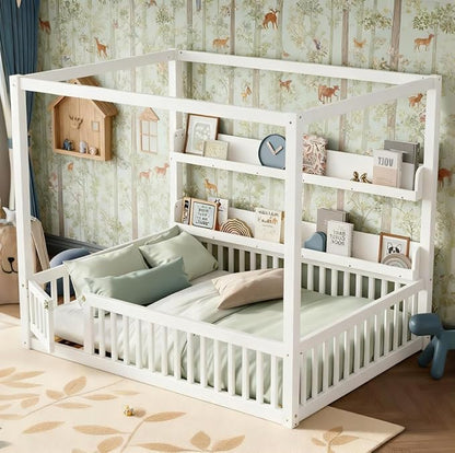 Bellemave Canopy Floor Bed Full Size with Safety Fence and Bookcase,Built in Four Poster Design,Full Montessori Floor Bed Frame for Toddlers,Kids,Boys,Girls,No Spring Box Needed（Full,White）