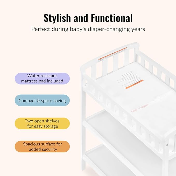 Dream On Me Emily Changing Table, Compact and Portable, Solid New Zealand Pinewood, Safety Rails, Two Storage Shelves, Includes Water-Resistant 1" Changing Pad — White