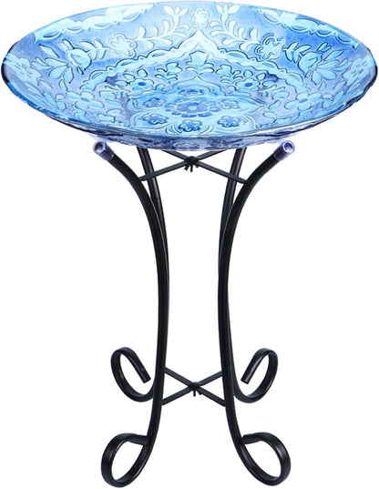 MUMTOP Outdoor Glass Birdbath with Metal Stand for Lawn Yard Garden Decor,18” Dia/21.65 Height