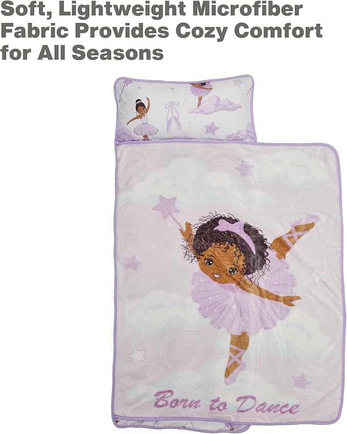 EVERYDAY KIDS Toddler Nap Mat with Removable Pillow - Born to Dance African American Ballerina - Carry Handle with Straps Closure, Rollup Design for Preschool, Daycare, Sleeping Bag - Ages 2-6 Years