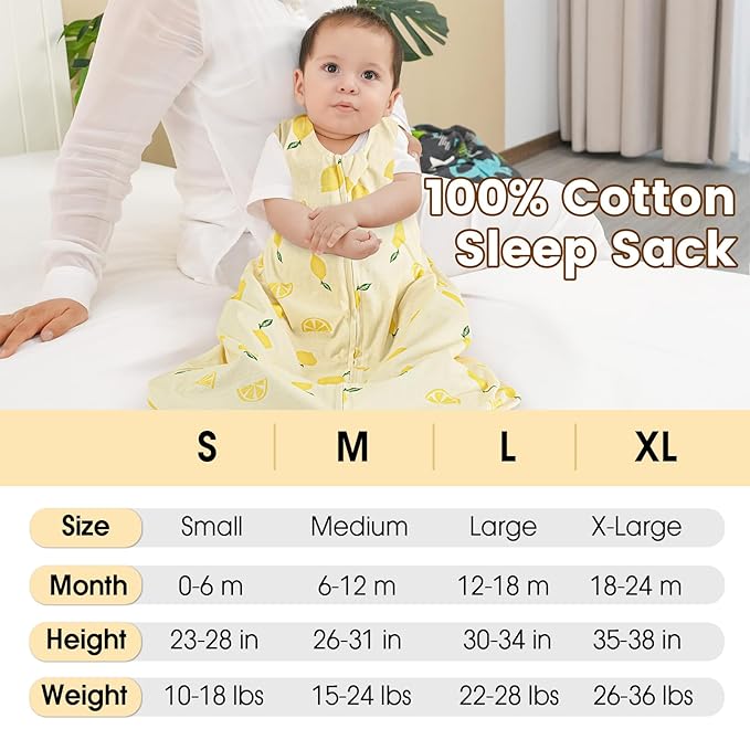 PHF Soft Baby Sleep Sack 18-24 Months 100% Organic Cotton Wearable Blanket, 2-Way Zipper 0.5 TOG Toddler Sleeping Sack 3 Pack, Comfy Sleep Bag for Baby Boys Girls, Lemon (X-Large)