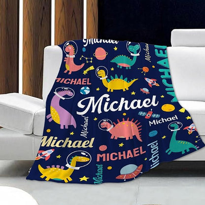 Dinosaur Lover Personalized Blanket with Custom Baby Dinosaur Custom Name Flannel Blanket Soft Throw Meaningful Gift for Toddlers Girls Boys Kids Pets 80 * 60" L for Adult