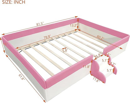 Merax Upholstered Kids' Daybed, Daybed Frame with Fence and Stairs, No Box Spring Needed, Queen Size, Pink+White