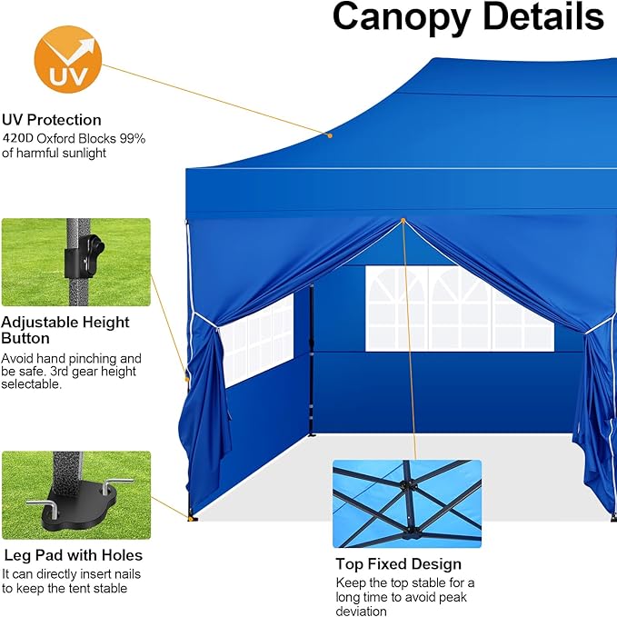 COBIZI 10x20 Pop up Canopy Tent 10x20 Canopy with 6 Sidewalls Waterproof Heavy Duty Commercial Canopy Tent for Parties Outdoor Garden Gazebo, Carry Bag with Wheel(10x20ft, Blue)