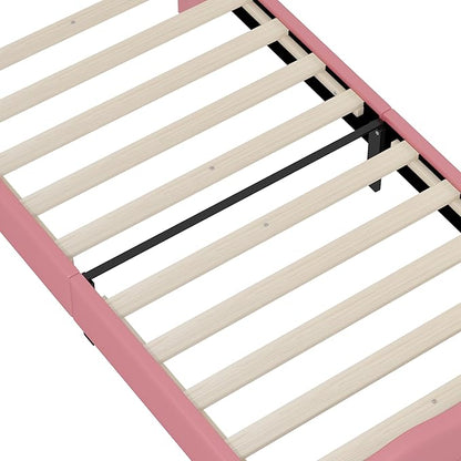 Bellemave Twin Size Princess Bed Frame with Lovely Crown Shaped Headboard for Girls,Upholstered Platform Bed with Slats Support,Twin Girls Bed,Pink Cream