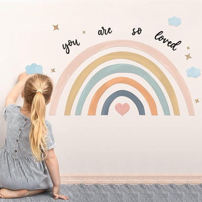 Containlol Rainbow Wall Decals, Playroom Wall Decor for Girl Room, Watercolor Peel and Stick Wallpaper, Boho Wallpaper 30 x 14 Inch Heart Art Stickers for Toddler Bedroom Nursery(Blue Pink,Cute)