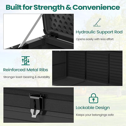 Resin Deck Box 130 Gallon, Lockable & Waterproof Outdoor Storage, UV-Resistant Patio Box for Cushions, Tools, and Outdoor Accessories (Black)