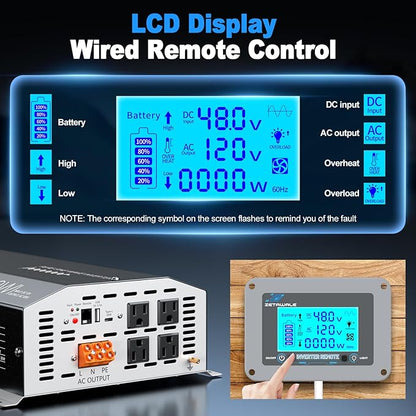 48V 2500 Watt Pure Sine Wave Inverter - 48V DC to 110V 120V AC Converter,5000W Peak Power Inverter with 4 AC Outlets,USB Port,Type-C,Remote Control LCD Display for Truck, RV, Vehicles, Solar Off-Grid