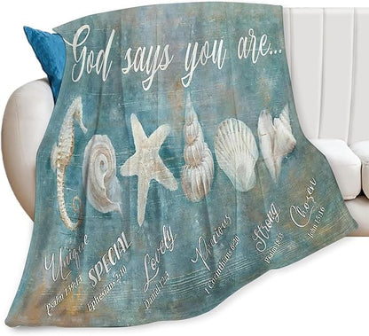 Tijuboni Ocean Seashells Throw Blanket - God Says You are - Beach Nautical Gifts for Women Men Girls Boys Kids Adults Soft Flannel Fleece Blanket for Couch Sofa Bed Home Decor 60"x80"