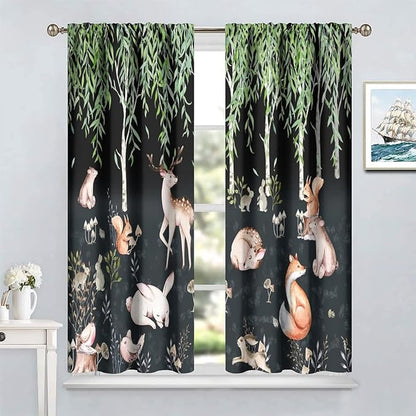 Forest Animal Curtains, Watercolor Cartoon Woodland Plants Animals Bears Moose Mushrooms Printed Curtains for Kids Boys and Girls Bedroom Window Drapes 42x54 Inch
