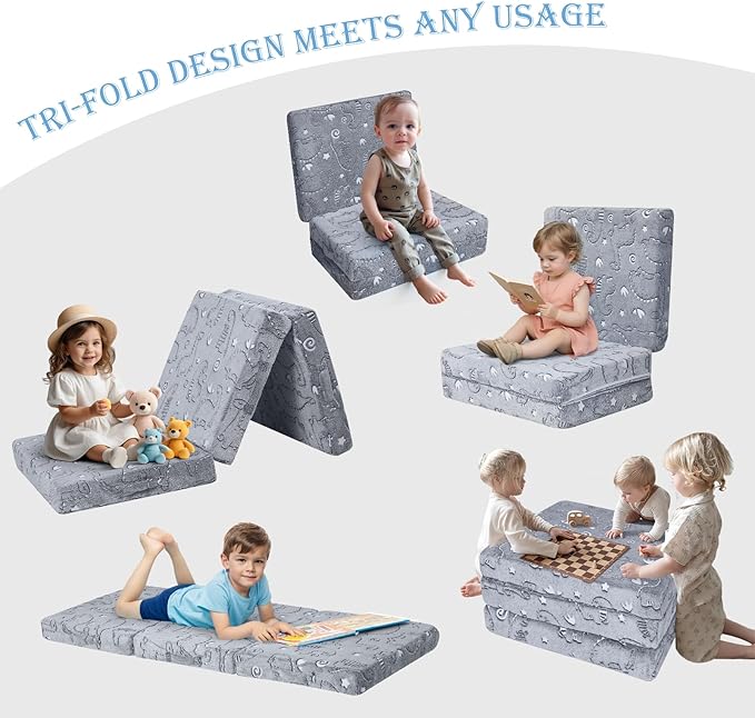 MeMoreCool Glow Dinosaur Foldable Floor Mattress for Kids, Trifold Nap Mat for Toddlers, Portable Daycare Sleeping Futon or Floor Bed, 57x22 Inch