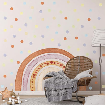 Large Rainbow Wall Decals, Colorful Watercolor Rainbow Wall Stickers, Peel and Stick Pastel Polka Dots Wallpaper for Girls Bedroom Nursery Classroom Wall Decor