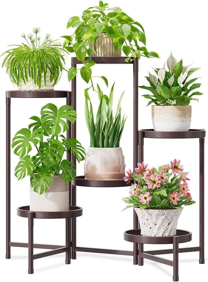 iDavosic.ly 6 Tier Large Plant Stand Indoor, 10 Inch Wide Tall Corner Metal Plant Stands Outdoor for Multiple Plants, Folding Tiered Flower Display Holder Rack Shelf, Violet Bronze