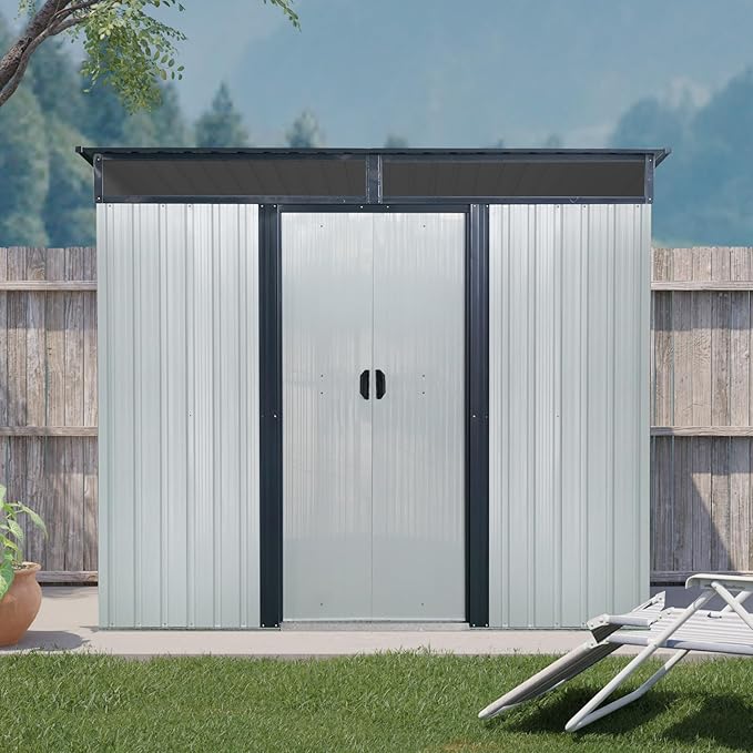 8x6 FT Outdoor Storage Shed,Metal Shed with Floor & Transparent Plate,Garden Shed W/Air Vent & Lockable Sliding Door,All Weather Waterproof Tool House W/Sloped Roof,Black+White