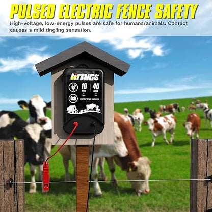 AC/DC 2 in 1 Power Supply, Electric Fence Energizer Kit for 10 Mile Preventing Wild Animal Intrusion, 40 Acre Coverage, 12V Input, 12KV 2 Joule Output, Electric Fence Charger for Livestock