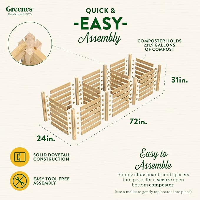 Greenes Fence Cedar Wood Composter, 24" W x 72" L x 31" H / 231.9 Gallons - Made in USA with North American Cedar