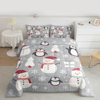 Feelyou Christmas Comforter Set King Size Snowman Snowflake Bedding Set for Kids Boys Girls Penguin Duvet Quilt New Year Gift Bedroom Decor Microfiber 3 Pcs with 2 Pillow Cases