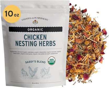 Sassafras & Pumpernickel's Certified USDA Organic Chicken Nesting Herbs (10 oz, Resealable Bag) Aromatic Herbs for Coops and Nest Boxes, nesting herbs for chicken coop, coop refresher for chickens