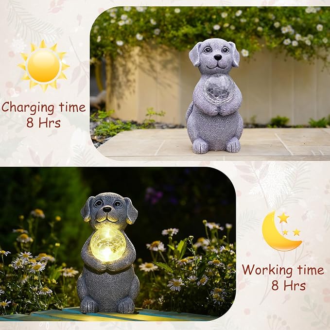 Dog Garden Statues - 8.4 Dog Decor with Gazing Ball LED Lights, Unique Gifts for Mom Grandma Birthdays, Outdoor Decor for Outside Lawn Porch Patio (Gray)