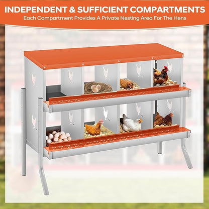 8-Hole Chicken Nesting Box, Rustproof Galvanized Steel, Wall-Mounted Metal Laying Box for Hens, Easy Egg Collection & Cleaning, Roll Away Nest Boxes - Orange