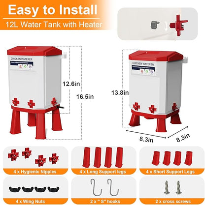 Heated Chicken Waterer 3 Gallon, Chicken Water Heater for Winter, Freeze Proof Chicken Waterer, 4 Nipples for Clean Water，Detachable Legs, Adjustable Height for Chickens, Pigeons, Beaked Poultry
