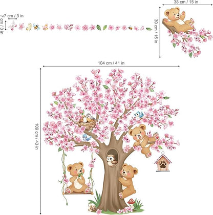 decalmile Woodland Animals Large Cherry Blossom Tree Wall Stickers Pink Flower Bear Wall Decals Baby Nursery Kids Bedroom Living Room Home Decor