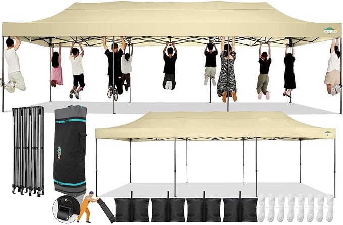COBIZI 10x30 Pop Up Canopy Without Sidewall,Heavy Duty Canopy UPF 50+ All Season Wind Waterproof Commercial Outdoor Wedding Party Tents for Parties Canopy Gazebo with Roller Bag(10 x 30 ft Khaki)