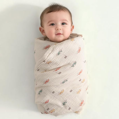 NTBAY 2 Layer Muslin Cotton Baby Swaddle Blanket, 30x40 Soft and Breathable Receiving for Newborns and Infants, Perfect for Crib, Stroller, Travel, Lightweight Nursery Blanket, Retro Race Car