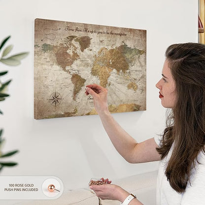 ElephantStock - Personalized Be The Navigator I Push Pin World Map Wall Art - Horizontal Canvas Wall Art - Living Room Wall Decor - Digital Art Map Canvas Art - Brown And Beige Decor - 24" x 16"
