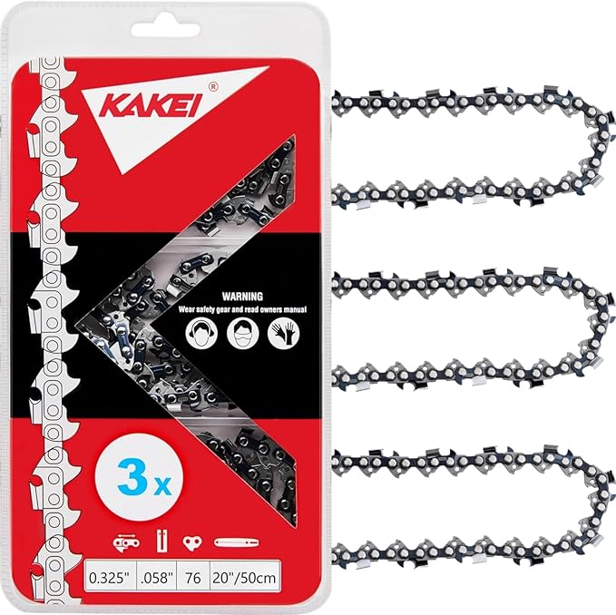 KAKEI 20 Inch Chainsaw Chain .325" Pitch .058" Gauge 76 Drive Links for Blue Max 53543, 8901, 8902 (3 Chains) - Full Chisel