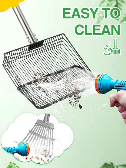 Extra Long Chicken Poop Scooper & Rake - Save-Effort 36''-76'' Long Metal 10'' Wide Scooper & 11 Tooth Rake, Chicken Coop Accessories for Efficient Cleaning