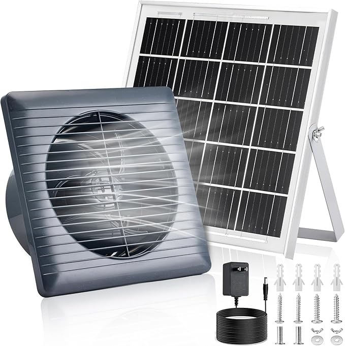 Solar Exhaust Fan with 25W Solar Panel, 6" Solar Powered Vent Fan for Chicken Coop, Greenhouse & Shed, 385 CFM Ventilation Fan with Anti-Backflow Valve, Quiet Brushless Outdoor Cooling