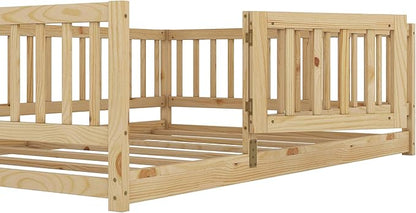 Full Size Floor Bed Frame with Door and Slats,Montessori Floor Bed with Safety Guardrails for Girls Boys,Solid Wood Kids Montessori Bed Full Size,Natural
