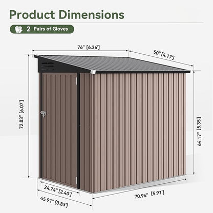 6'x4' Lean to Shed Galvanized Steel Storage Sheds with Side Door Waterproof Utility Shed with Sloped Roof for Mower, Bike, Garden Tools (Brown)