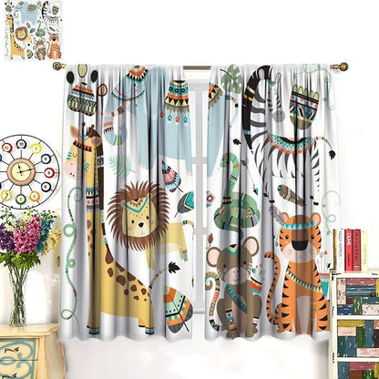 Jungle Tribal Animals Curtains, Southwest Aztec Cartoon Funny Zoo Animals Giraffe Lion Elephant Zebra Tiger Print Thermal Insulation Window Drapes for Kids Boys Girls Bedroom Living Room 42x45 Inch