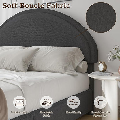 Queen Bed Frame, Boucle Upholstered Platform Bed Frame with Headboard, Soft Platform Bed with Round Conner, No Box Spring Required, Easy Assembly, Dark Grey